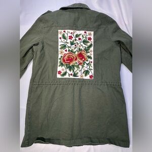 RUNWAY PARIS Olive Green Utility Jacket with Floral Embroidery - Size L